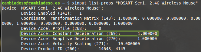 Un recorte del comando xinput que muestra todas las propiedades del ratón o método de entrada.