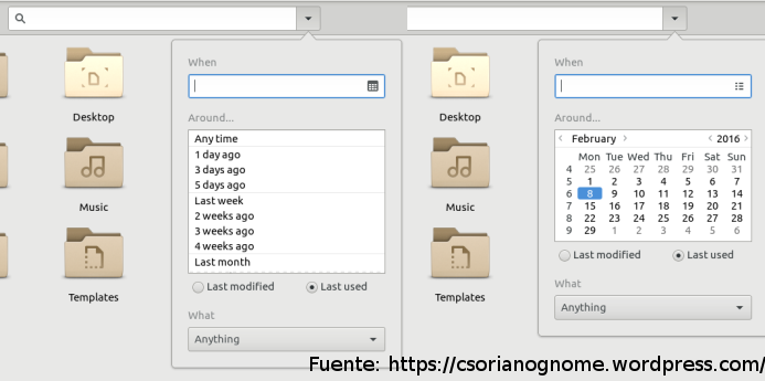 Dos capturas que muestran distintos modos de filtrar por fecha de útlima modifiación