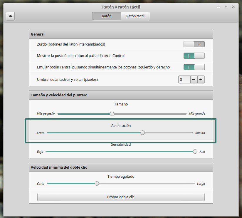 Ajustar la velocidad del ratón en el panel de control de Gnome