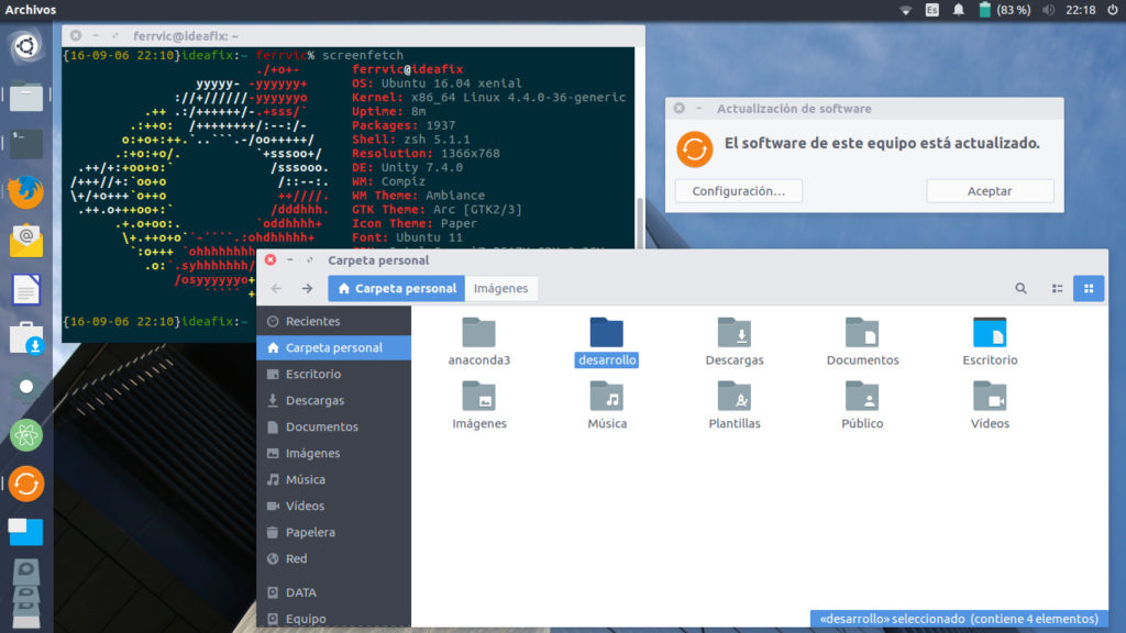 Captura de pantalla con la terminal, navegador de archivos y actualizaciones del sistema abiertos