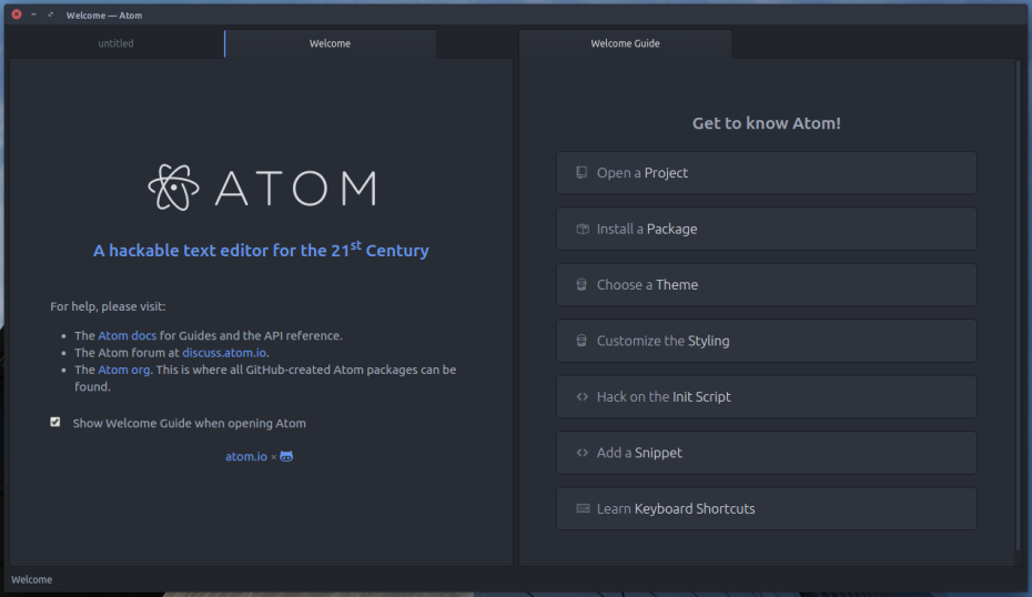 Nada más instalar Atom, esta es la primera pantalla que veremos