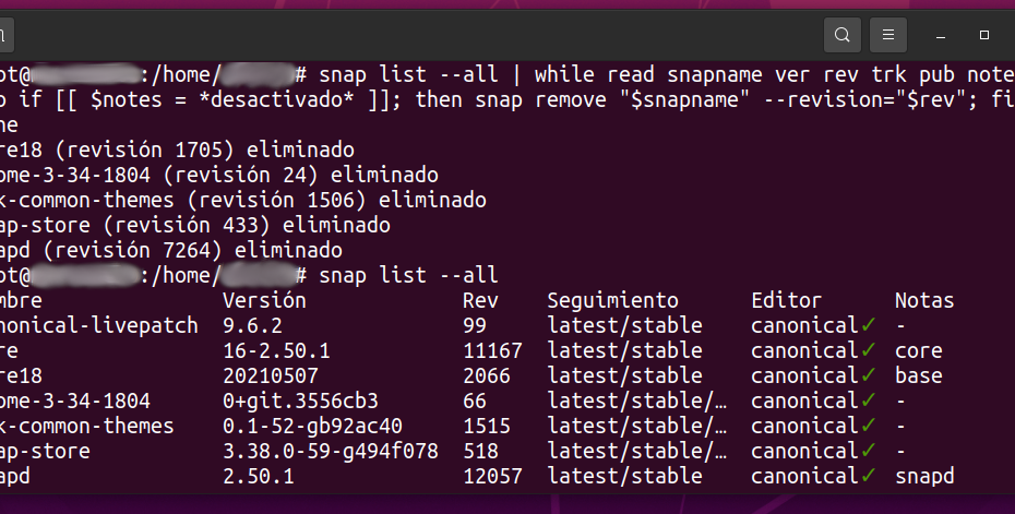 Captura de la terminal con el resultado del comando para borrar snaps